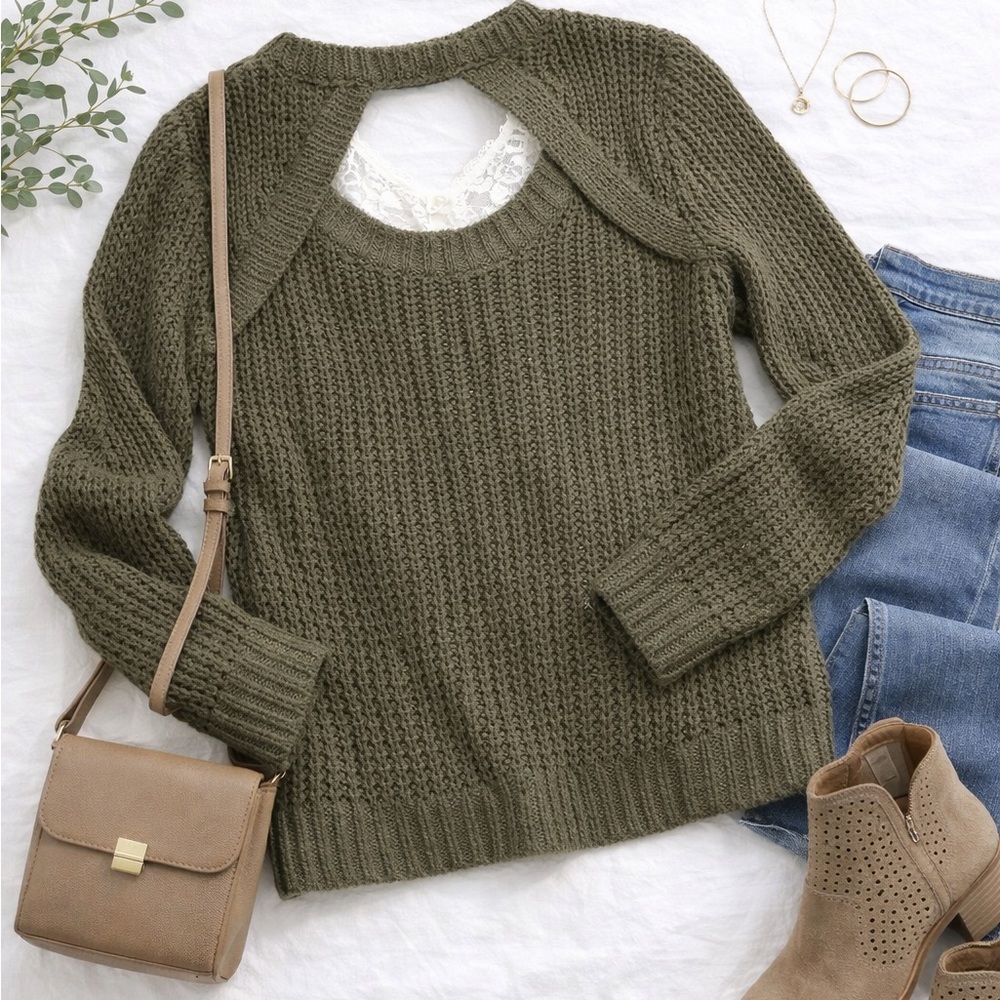 Sanctuary Olive Green Cutout Back Sweater | Chunky Knit